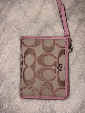Coach Beige Signature Canvas Card Wallet with Pink Trim